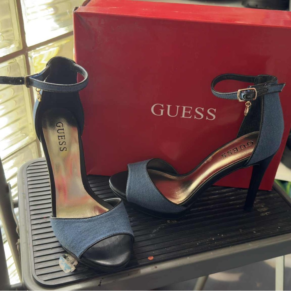 GUESS Denim and Black Strappy Heels